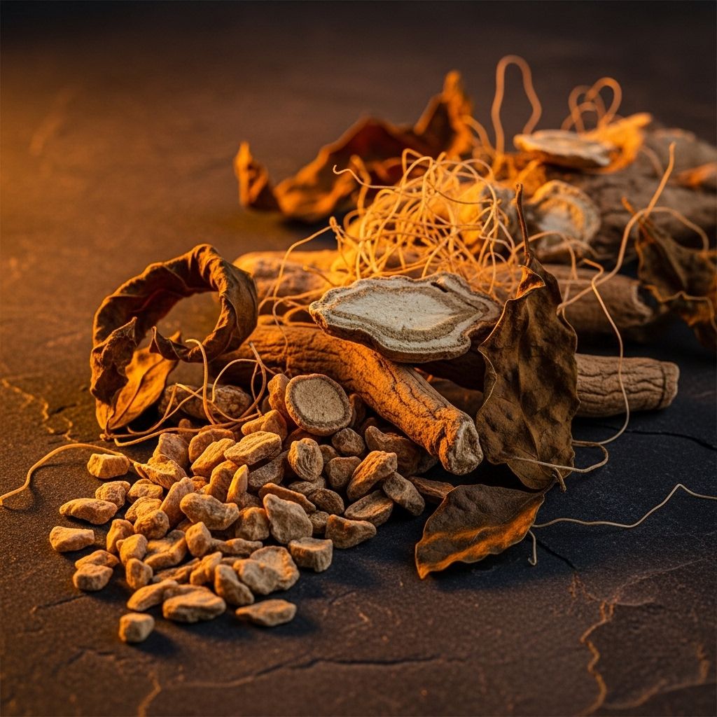 Dried ashwagandha root pieces arranged on dark textured stone surface with dried leaves and natural fibers, warm amber side lighting highlighting organic texture and earthy tones