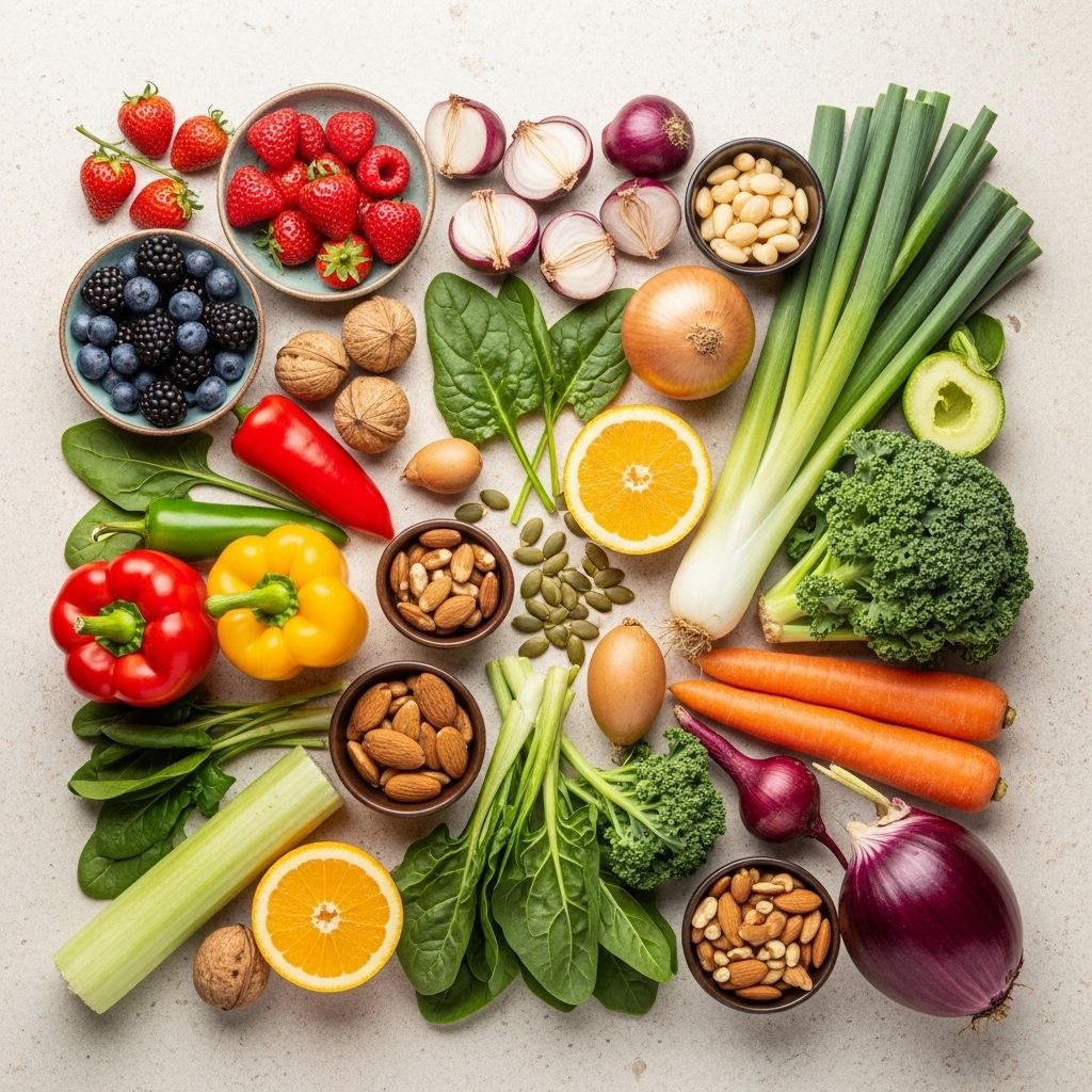 Variety of fresh colourful vegetables, fruits, seeds and nuts arranged on a pale stone surface, natural overhead lighting showing vibrant reds, oranges and greens of whole foods including peppers, berries and leafy greens