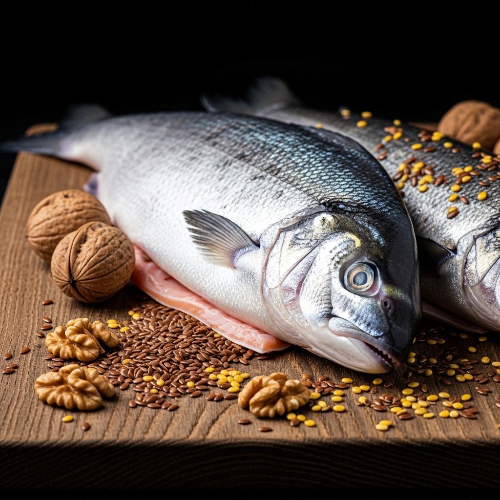 Fresh whole fish including salmon with visible pink flesh, scattered flaxseeds and walnuts on a dark textured wooden board, natural side lighting highlighting the sheen of the fish and the warm golden tones of the seeds